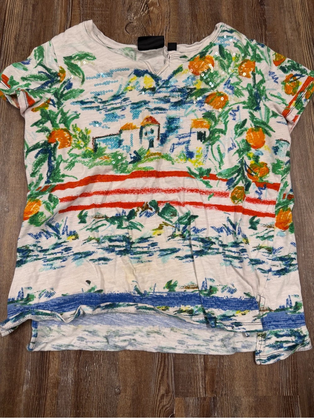 Vintage Onque Casual sequin crop top with sequin details and a colorful landscap